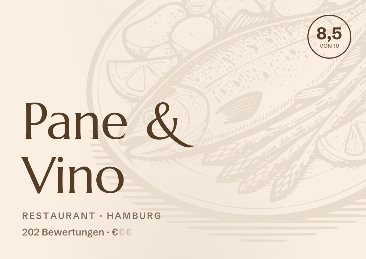 Illustriertes Poster von Pane & Vino, Restaurant in Hamburg: Bewertung 8,5 von 10 aus 202 Bewertungen, Preisniveau €