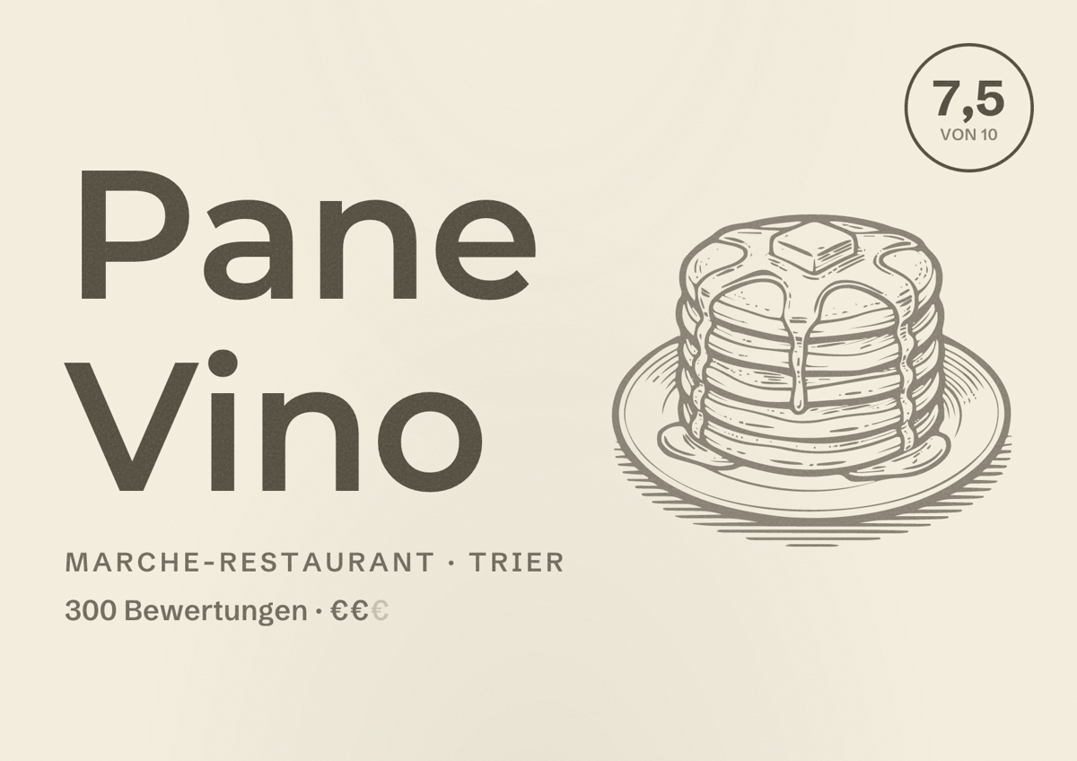 Illustriertes Poster von Pane Vino, Marche-Restaurant in Trier: Bewertung 7,5 von 10 aus 300 Bewertungen, Preisniveau €€