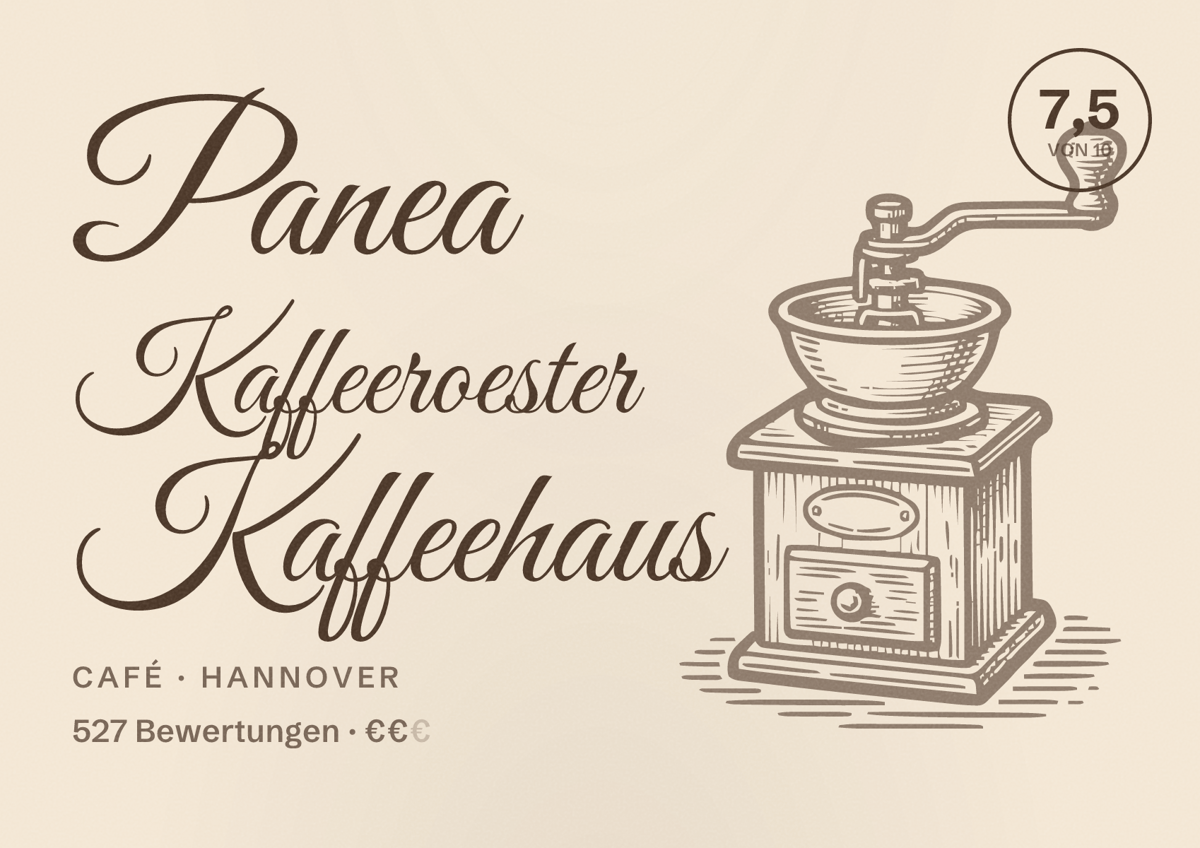 Illustriertes Poster von Panea Kaffeeroester Kaffeehaus, Café in Hannover: Bewertung 7,5 von 10 aus 527 Bewertungen, Preisniveau €€