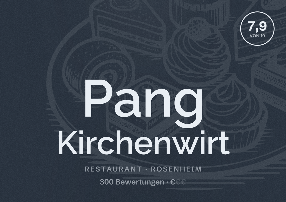 Illustriertes Poster von Pang Kirchenwirt, Restaurant in Rosenheim: Bewertung 7,9 von 10 aus 300 Bewertungen, Preisniveau €