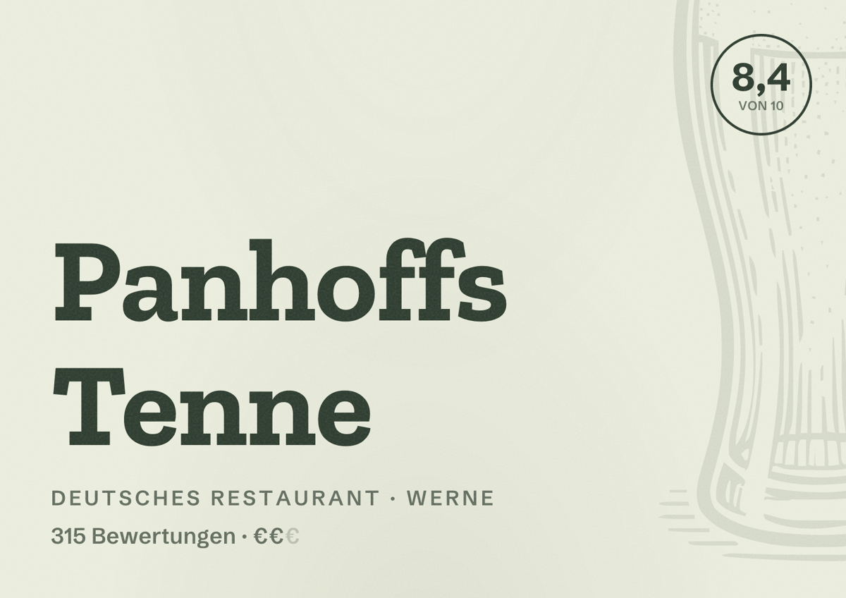 Illustriertes Poster von Panhoffs Tenne, Deutsches Restaurant in Werne: Bewertung 8,4 von 10 aus 315 Bewertungen, Preisniveau €€