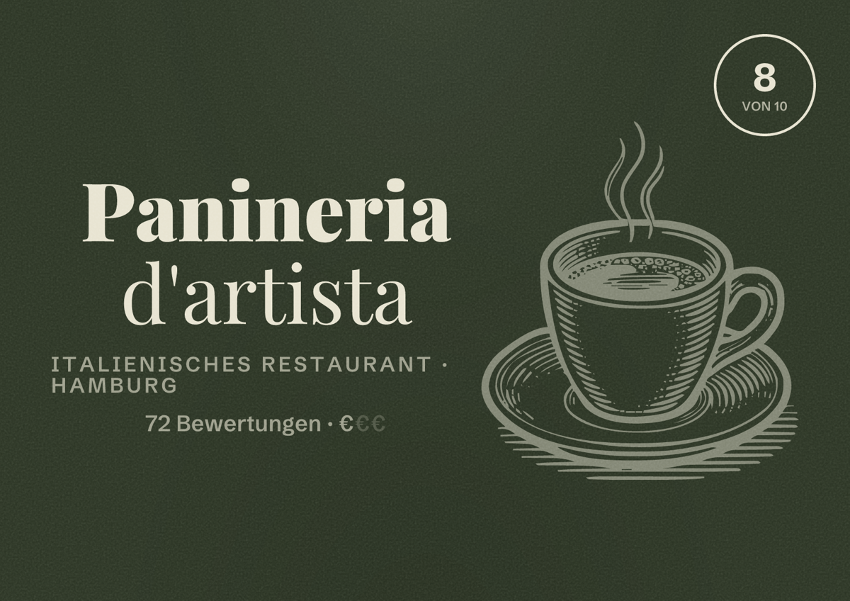 Illustriertes Poster von Panineria d'artista, Italienisches Restaurant in Hamburg: Bewertung 8,0 von 10 aus 72 Bewertungen, Preisniveau €