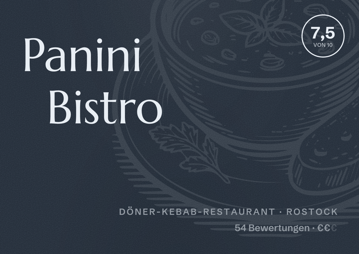Illustriertes Poster von Panini Bistro, Döner-Kebab-Restaurant in Rostock: Bewertung 7,5 von 10 aus 54 Bewertungen, Preisniveau €€