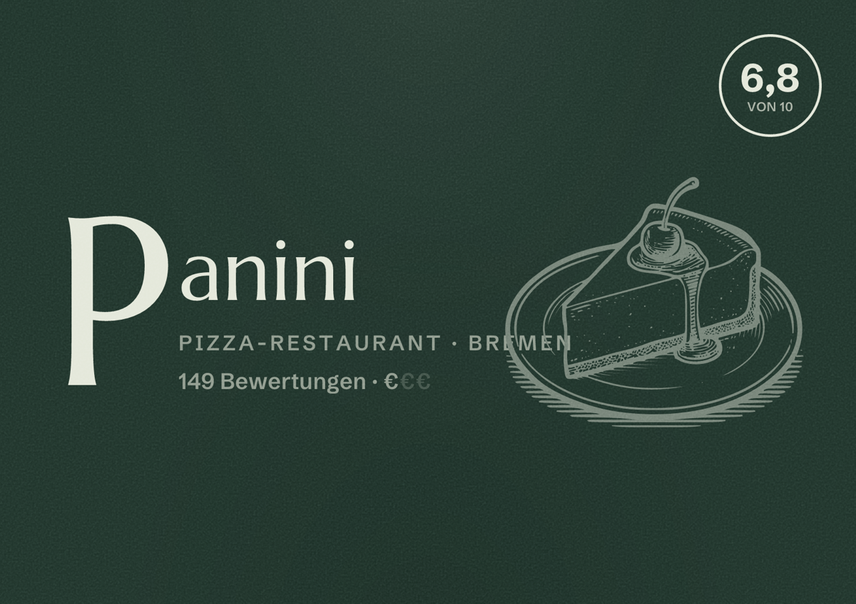 Illustriertes Poster von Panini, Pizza-Restaurant in Bremen: Bewertung 6,8 von 10 aus 149 Bewertungen, Preisniveau €