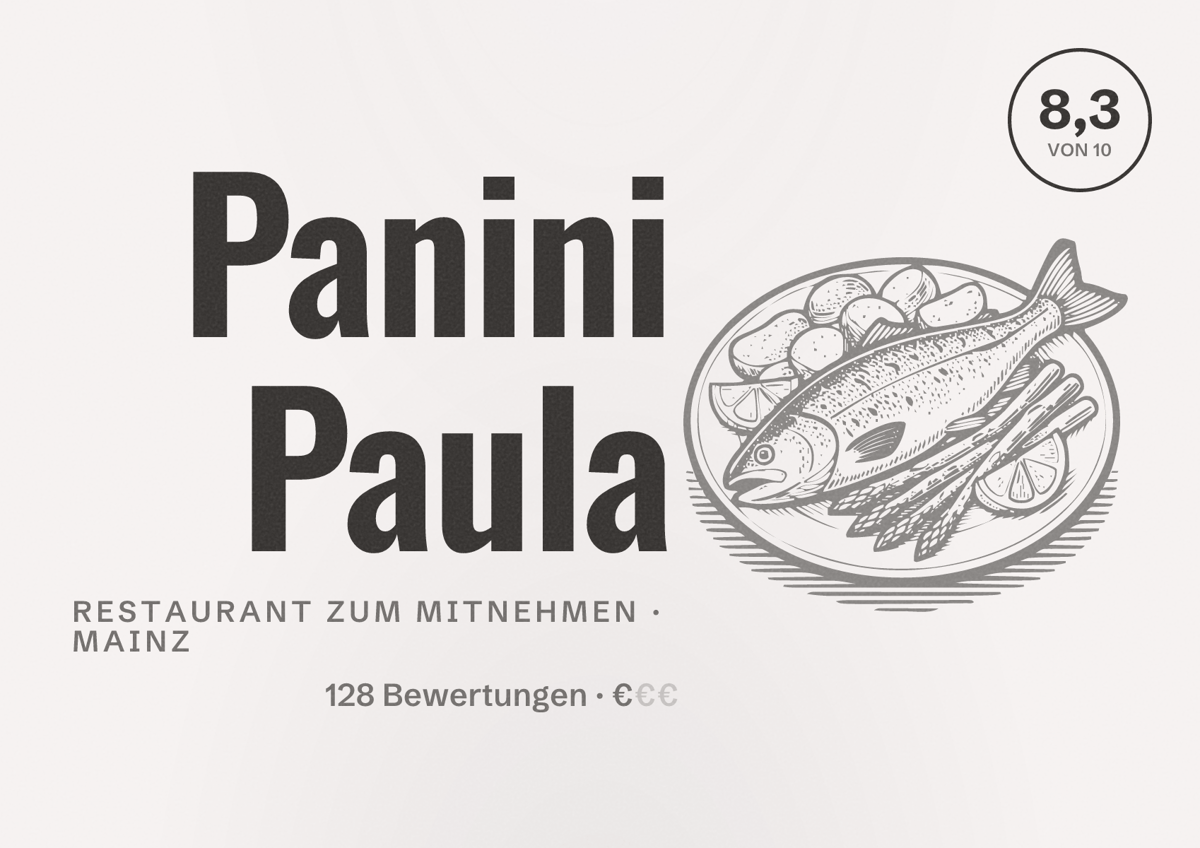 Illustriertes Poster von Panini Paula, Restaurant zum Mitnehmen in Mainz: Bewertung 8,3 von 10 aus 128 Bewertungen, Preisniveau €