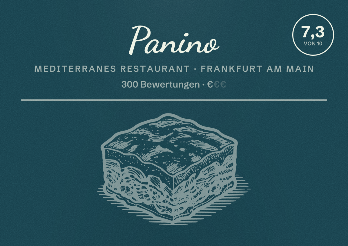 Illustriertes Poster von Panino, Mediterranes Restaurant in Frankfurt am Main: Bewertung 7,3 von 10 aus 300 Bewertungen, Preisniveau €