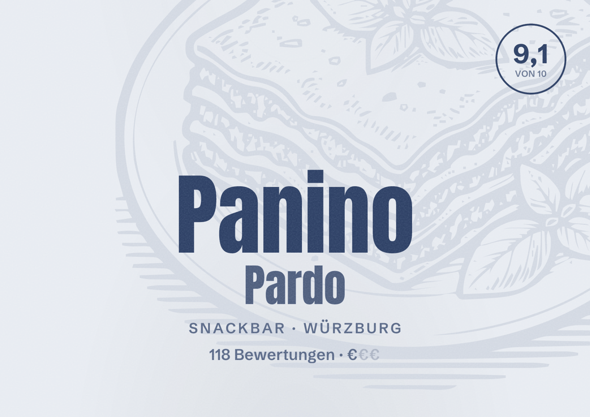 Illustriertes Poster von Panino Pardo, Snackbar in Würzburg: Bewertung 9,1 von 10 aus 118 Bewertungen, Preisniveau €