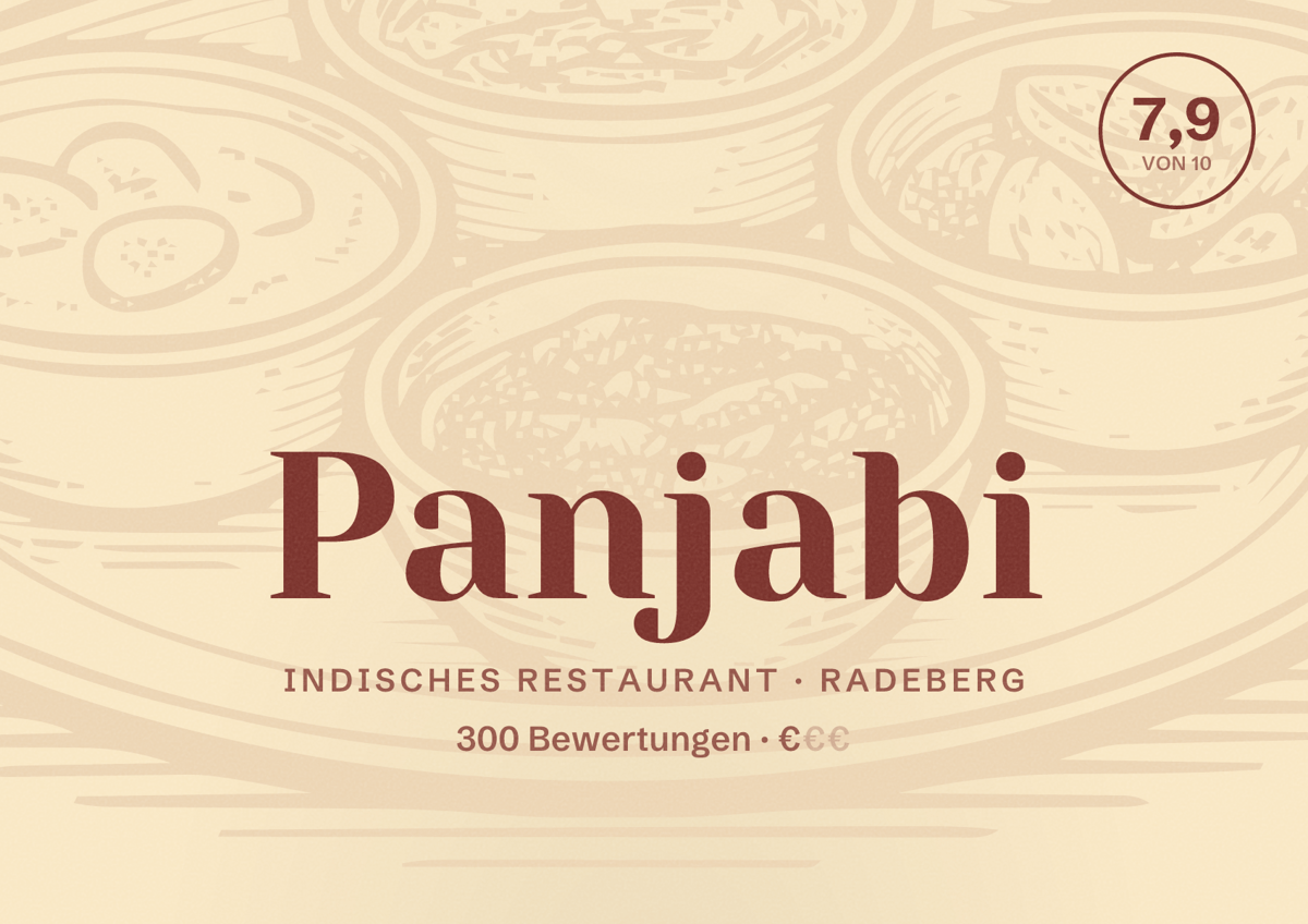 Illustriertes Poster von Panjabi, Indisches Restaurant in Radeberg: Bewertung 7,9 von 10 aus 300 Bewertungen, Preisniveau €