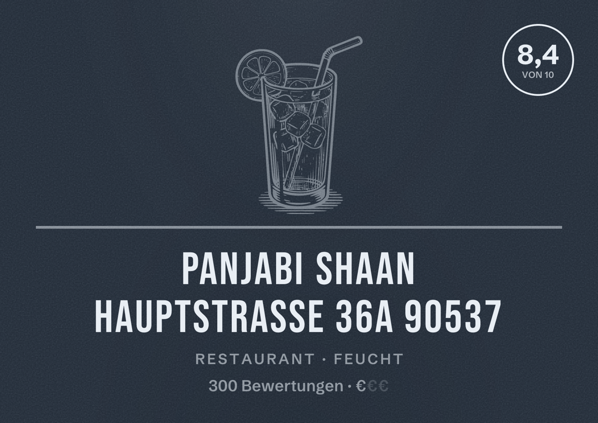 Illustriertes Poster von Panjabi Shaan HauptStraße 36a 90537, Restaurant in Feucht: Bewertung 8,4 von 10 aus 300 Bewertungen, Preisniveau €