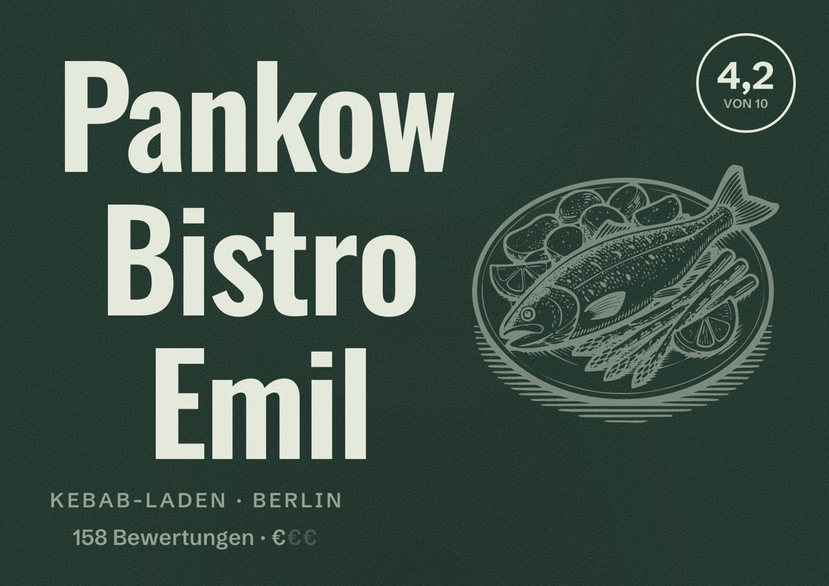 Illustriertes Poster von Pankow Bistro Emil, Kebab-Laden in Berlin: Bewertung 4,2 von 10 aus 158 Bewertungen, Preisniveau €