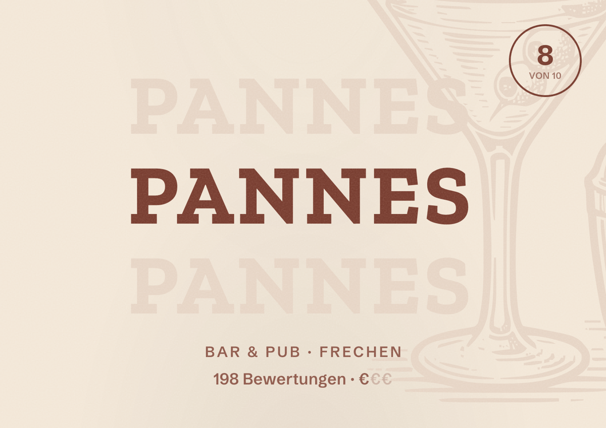 Illustriertes Poster von Pannes, Bar & Pub in Frechen: Bewertung 8 von 10 aus 198 Bewertungen, Preisniveau €
