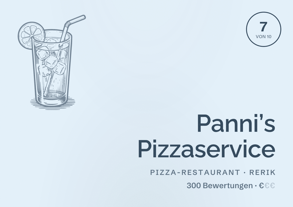 Illustriertes Poster von Panni’s Pizzaservice, Pizza-Restaurant in Rerik: Bewertung 7 von 10 aus 300 Bewertungen, Preisniveau €