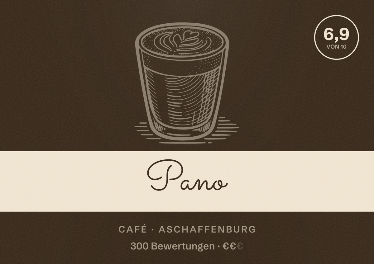 Illustriertes Poster von Pano, Café in Aschaffenburg: Bewertung 6,9 von 10 aus 300 Bewertungen, Preisniveau €€