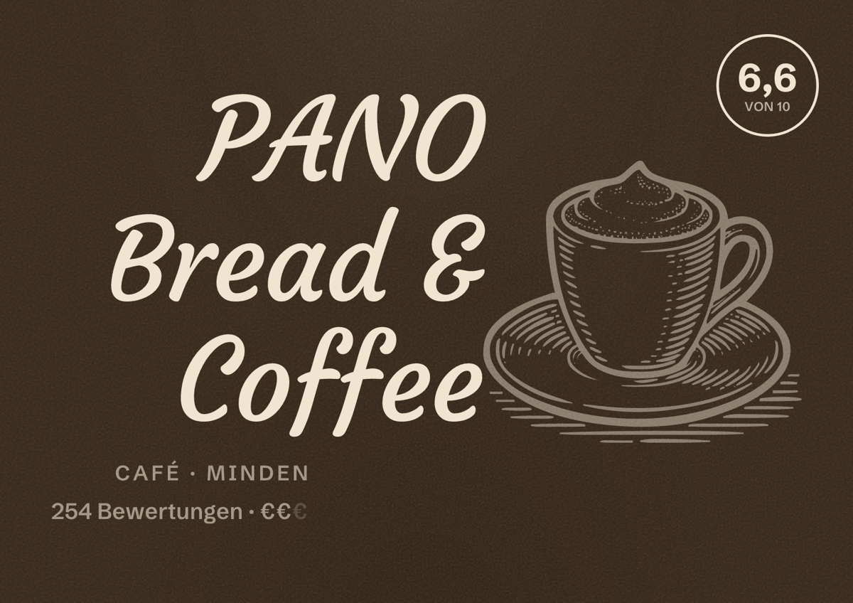 Illustriertes Poster von PANO Bread & Coffee, Café in Minden: Bewertung 6,6 von 10 aus 254 Bewertungen, Preisniveau €€