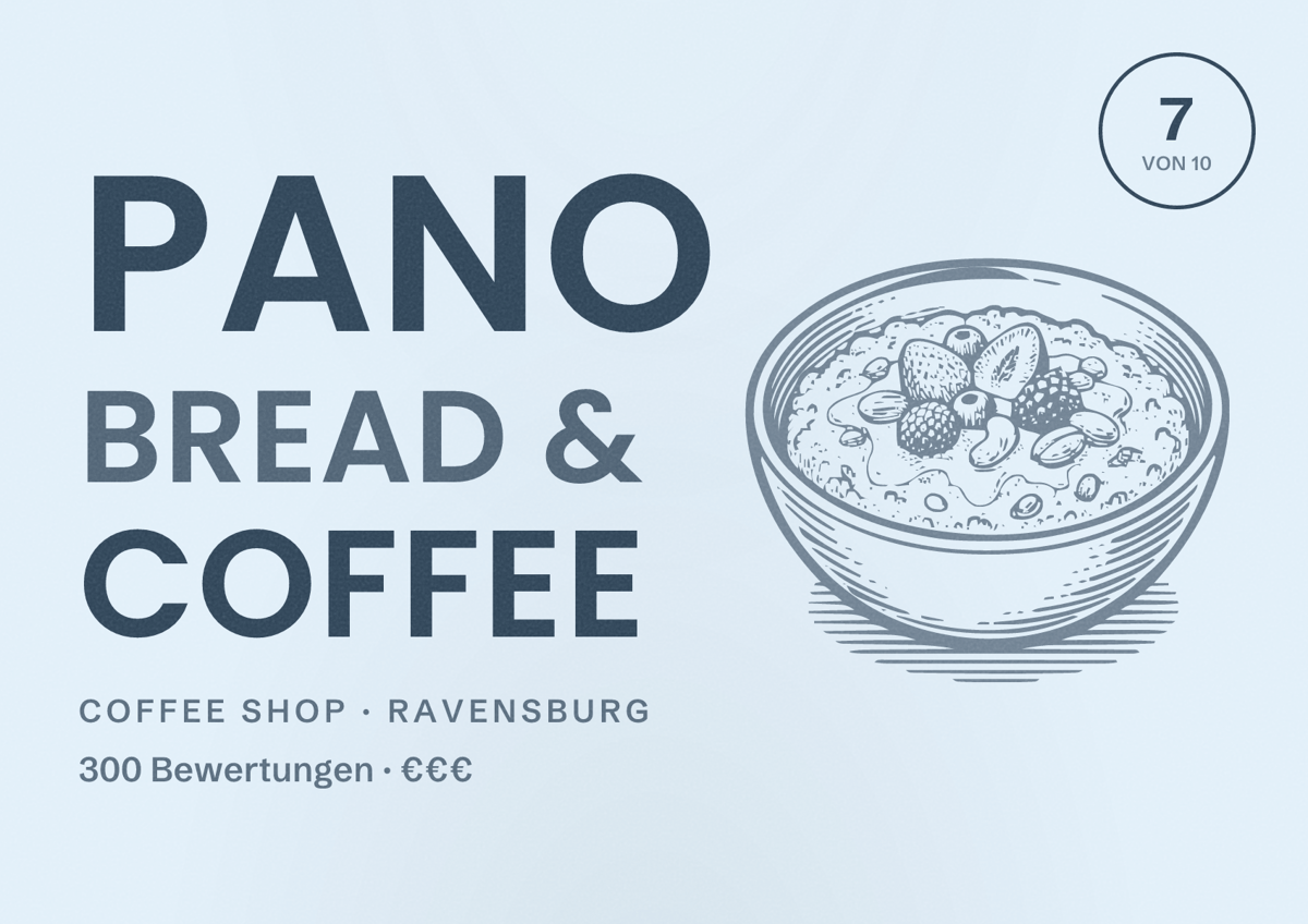 Illustriertes Poster von Pano Bread & Coffee, Coffee Shop in Ravensburg: Bewertung 7 von 10 aus 300 Bewertungen, Preisniveau €€€