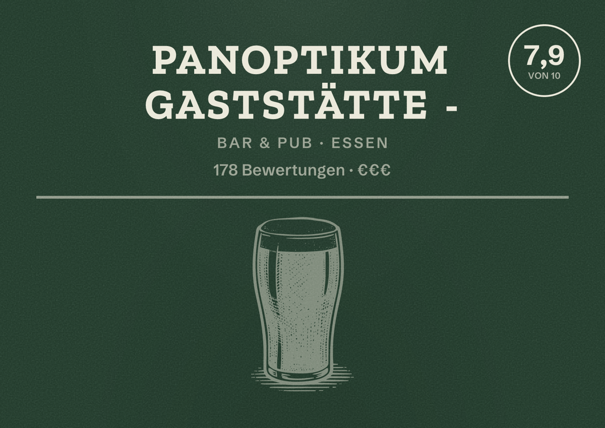 Illustriertes Poster von Panoptikum Gaststätte -, Bar & Pub in Essen: Bewertung 7,9 von 10 aus 178 Bewertungen, Preisniveau €€€
