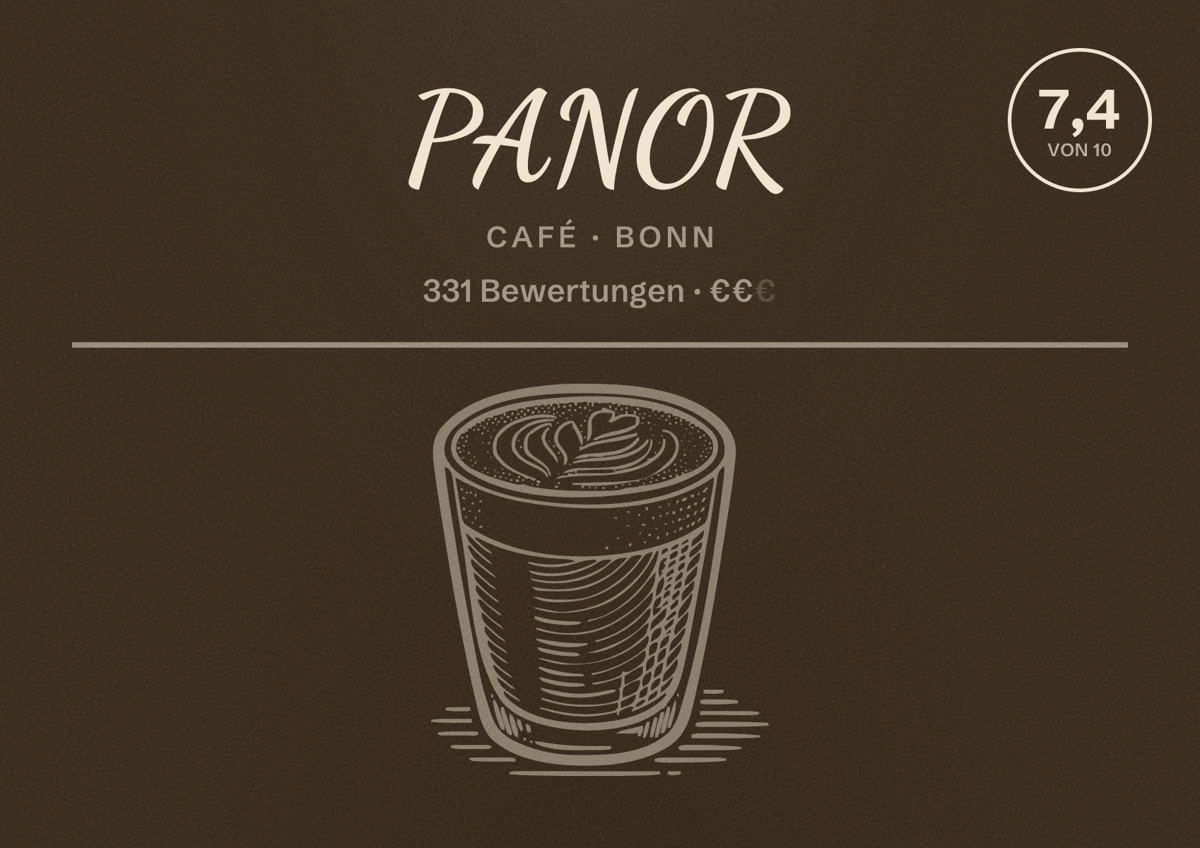Illustriertes Poster von PANOR, Café in Bonn: Bewertung 7,4 von 10 aus 331 Bewertungen, Preisniveau €€