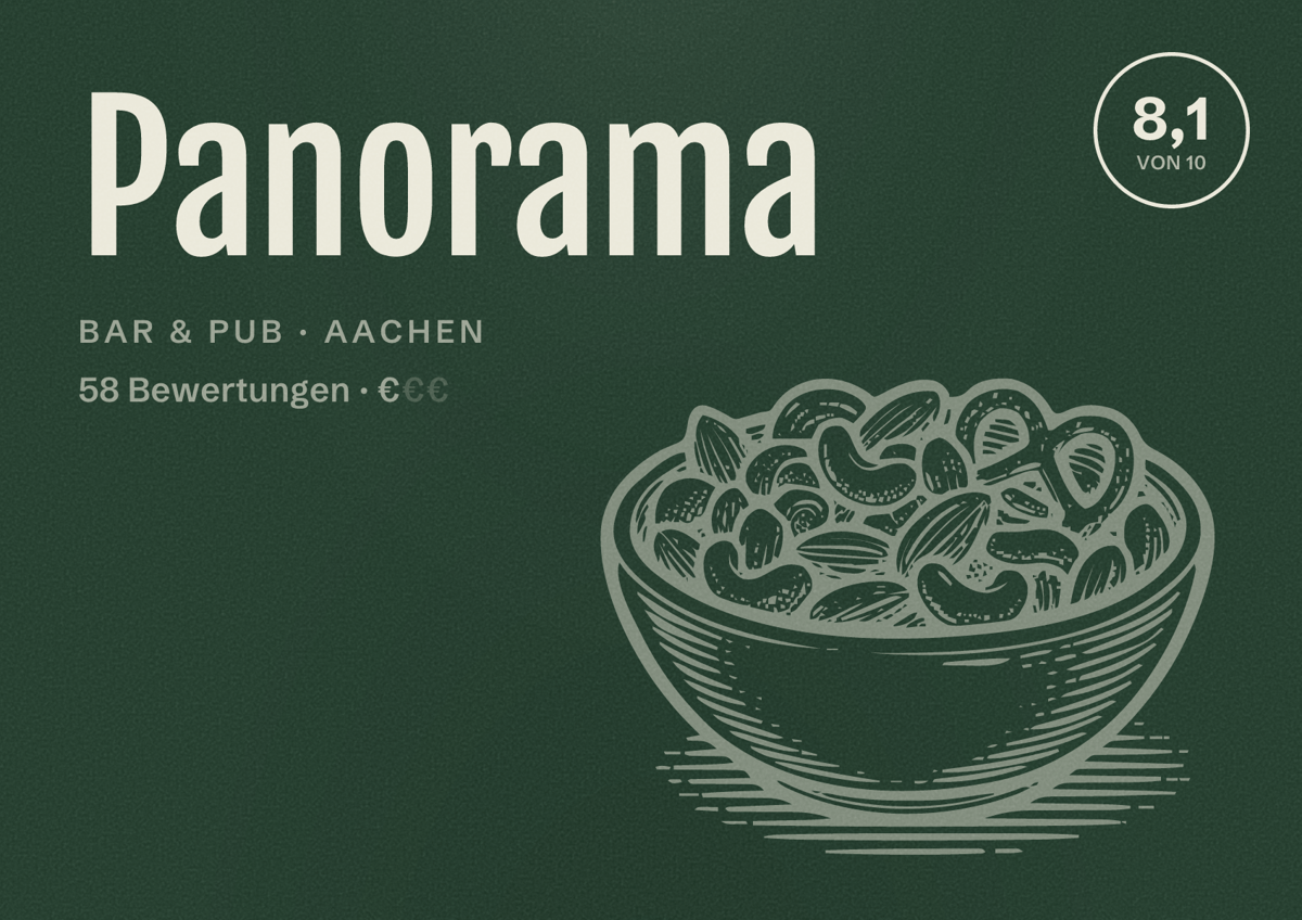 Illustriertes Poster von Panorama, Bar & Pub in Aachen: Bewertung 8,1 von 10 aus 58 Bewertungen, Preisniveau €