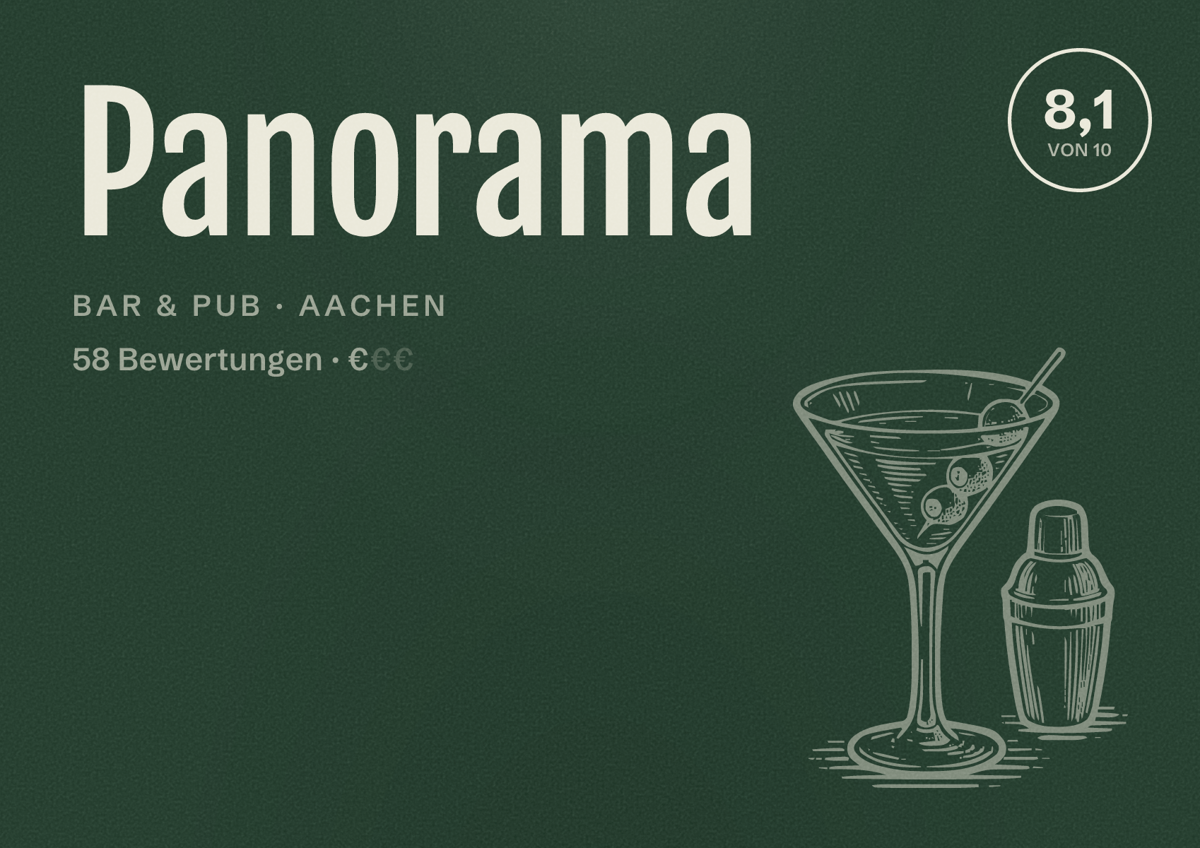 Illustriertes Poster von Panorama, Bar & Pub in Aachen: Bewertung 8,1 von 10 aus 58 Bewertungen, Preisniveau €