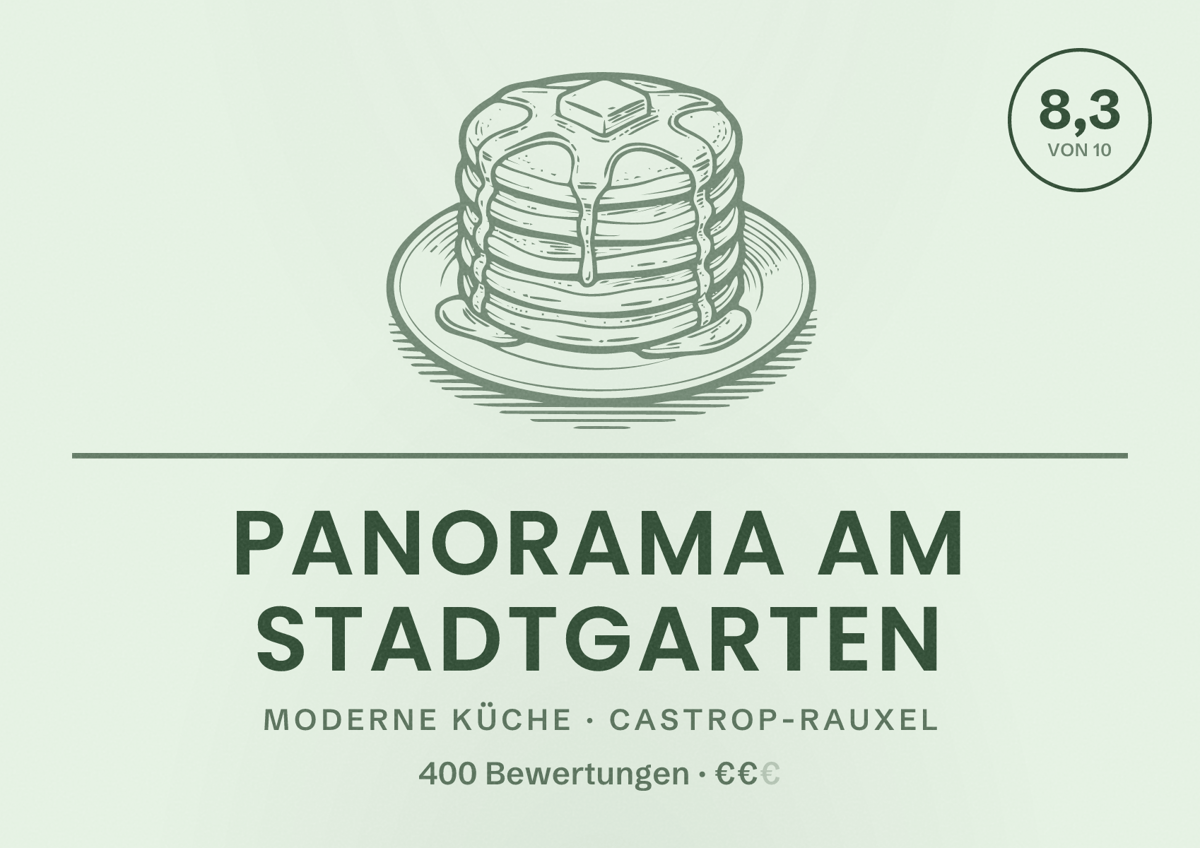 Illustriertes Poster von Panorama Am Stadtgarten, Moderne Küche in Castrop-Rauxel: Bewertung 8,3 von 10 aus 400 Bewertungen, Preisniveau €€