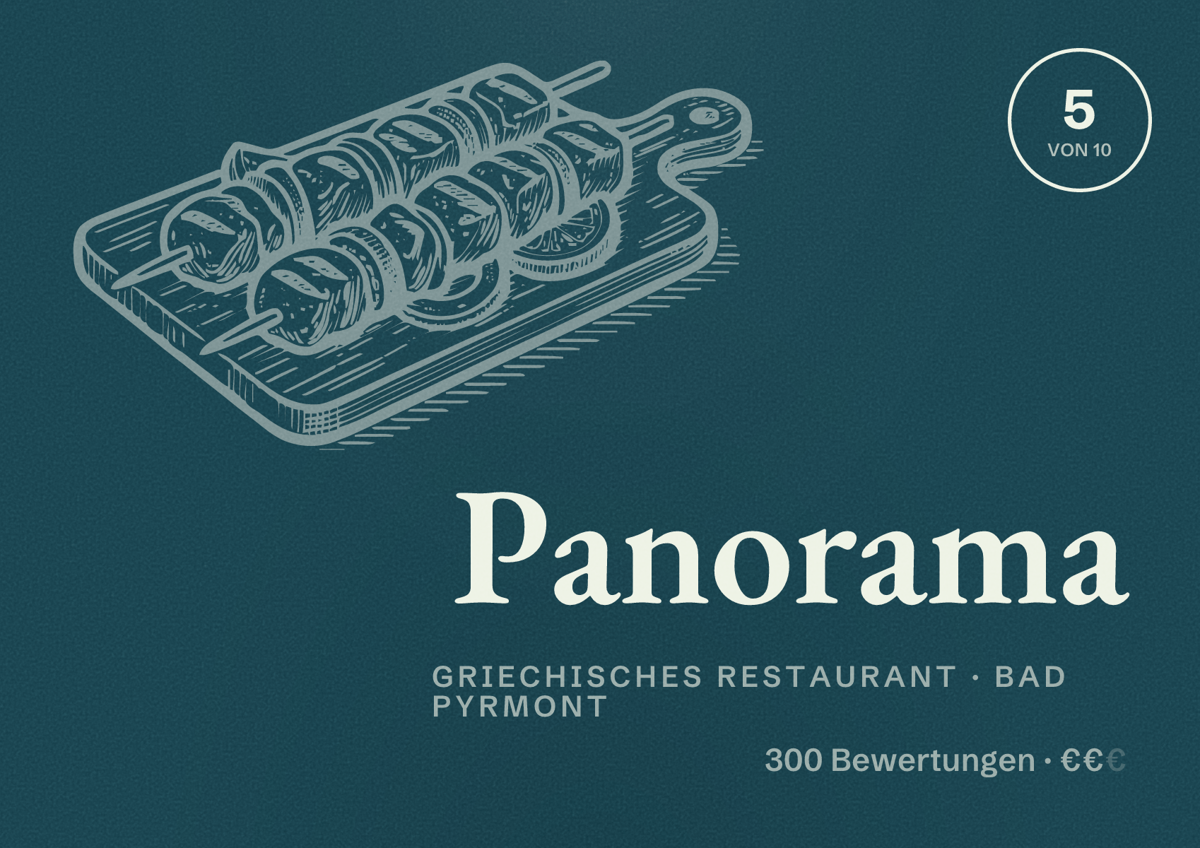 Illustriertes Poster von Panorama, Griechisches Restaurant in Bad Pyrmont: Bewertung 5 von 10 aus 300 Bewertungen, Preisniveau €€