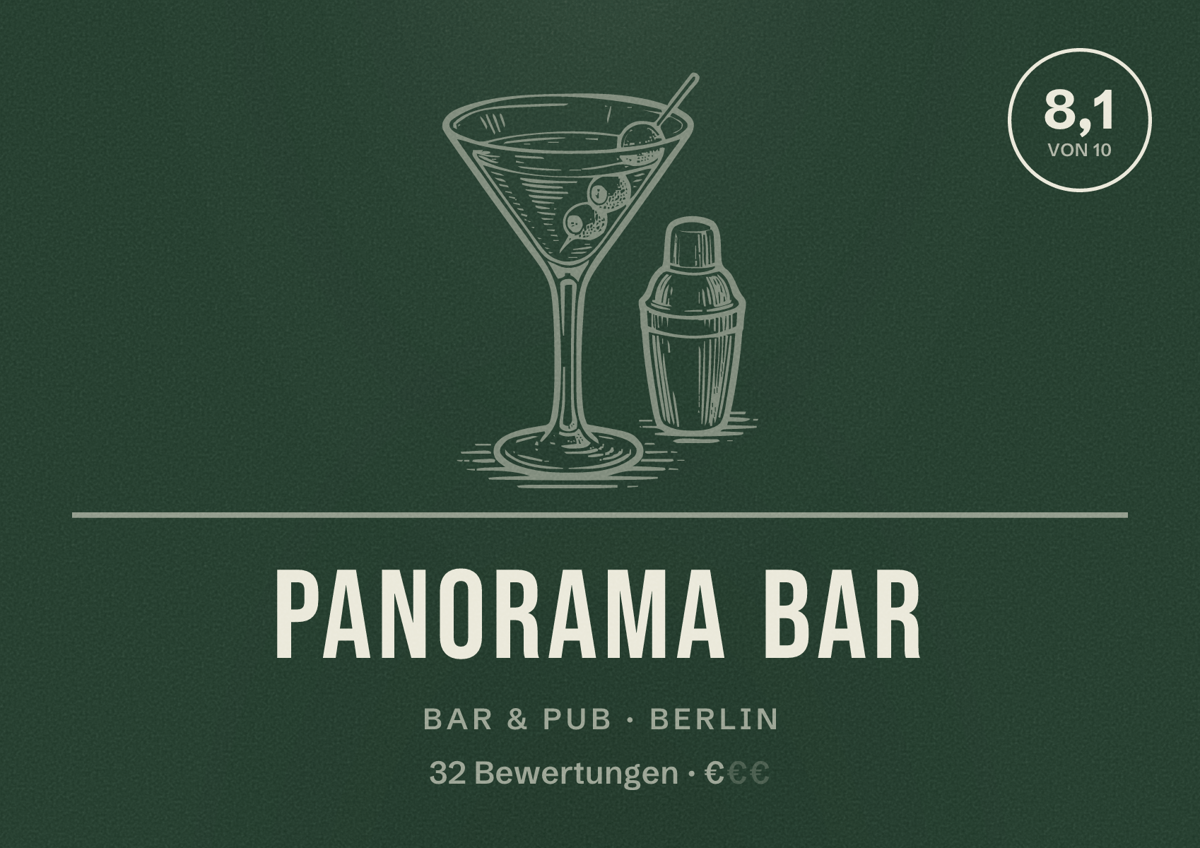 Illustriertes Poster von Panorama Bar, Bar & Pub in Berlin: Bewertung 8,1 von 10 aus 32 Bewertungen, Preisniveau €