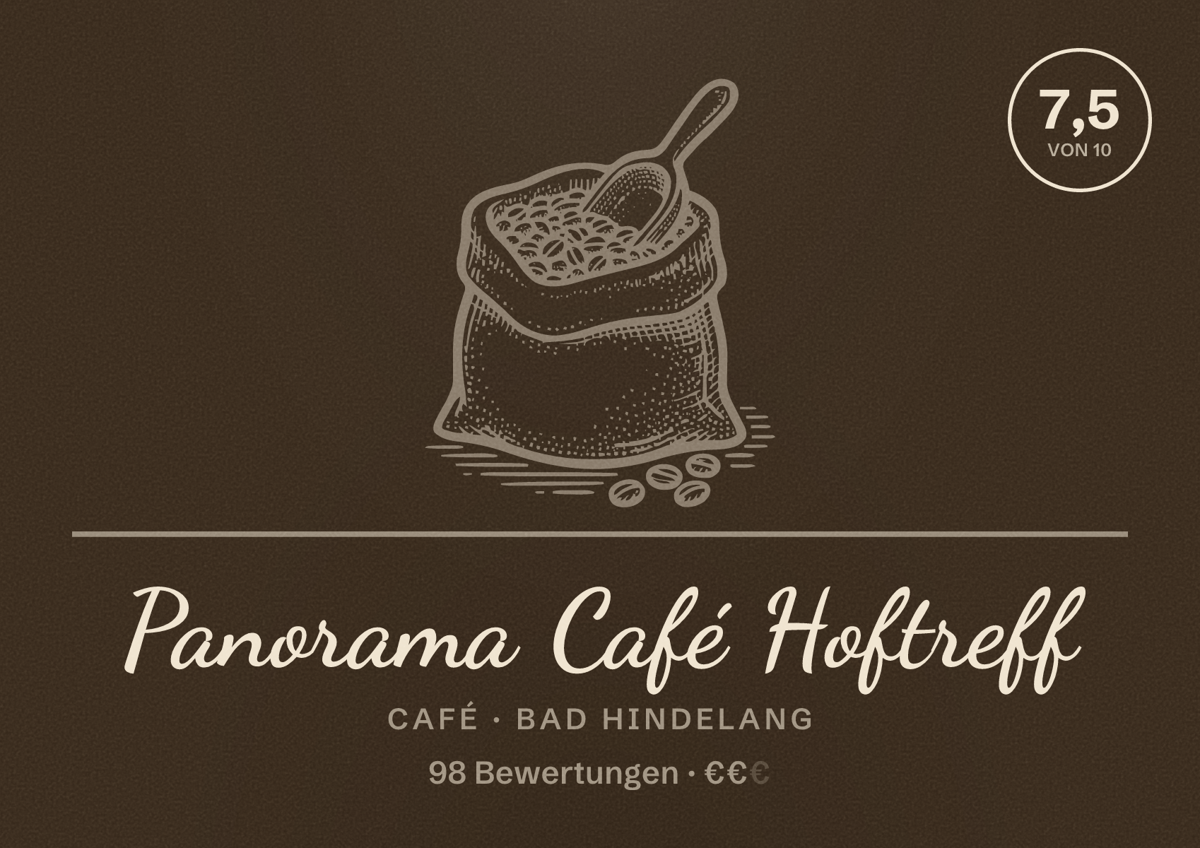 Illustriertes Poster von Panorama Café Hoftreff, Café in Bad Hindelang: Bewertung 7,5 von 10 aus 98 Bewertungen, Preisniveau €€