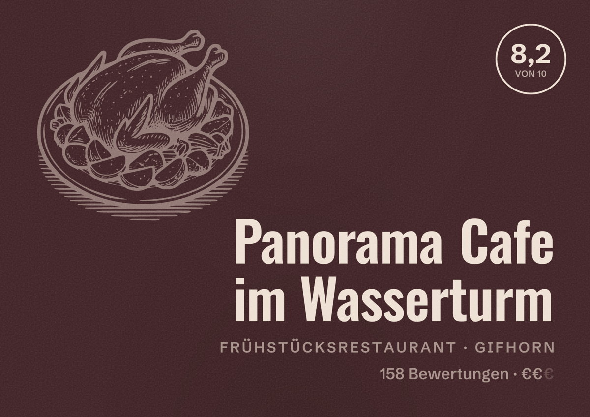 Illustriertes Poster von Panorama Cafe im Wasserturm, Frühstücksrestaurant in Gifhorn: Bewertung 8,2 von 10 aus 158 Bewertungen, Preisniveau €€