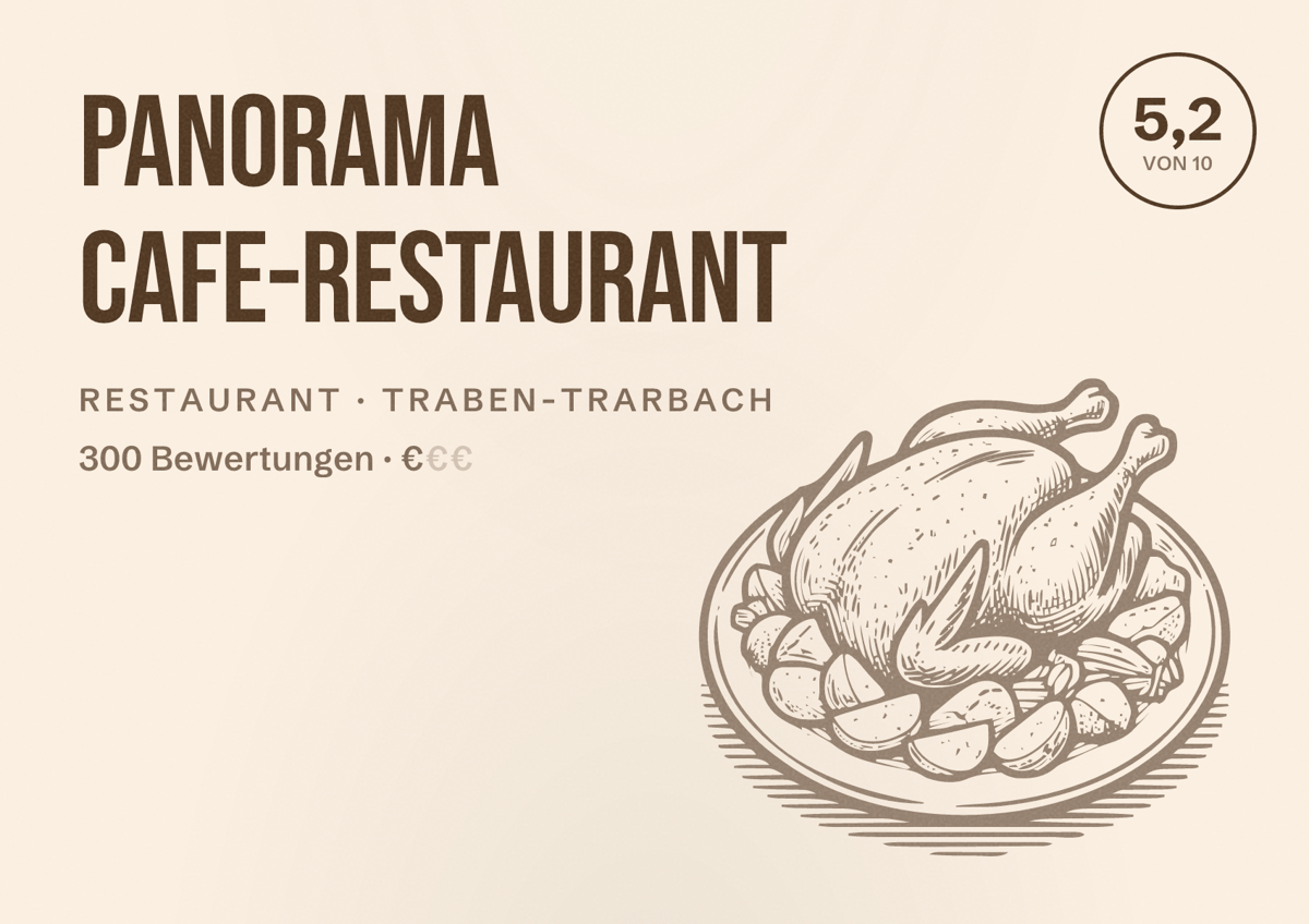 Illustriertes Poster von Panorama Cafe-Restaurant, Restaurant in Traben-Trarbach: Bewertung 5,2 von 10 aus 300 Bewertungen, Preisniveau €