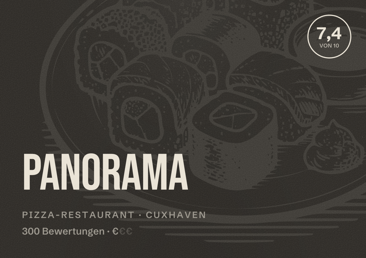 Illustriertes Poster von Panorama, Pizza-Restaurant in Cuxhaven: Bewertung 7,4 von 10 aus 300 Bewertungen, Preisniveau €
