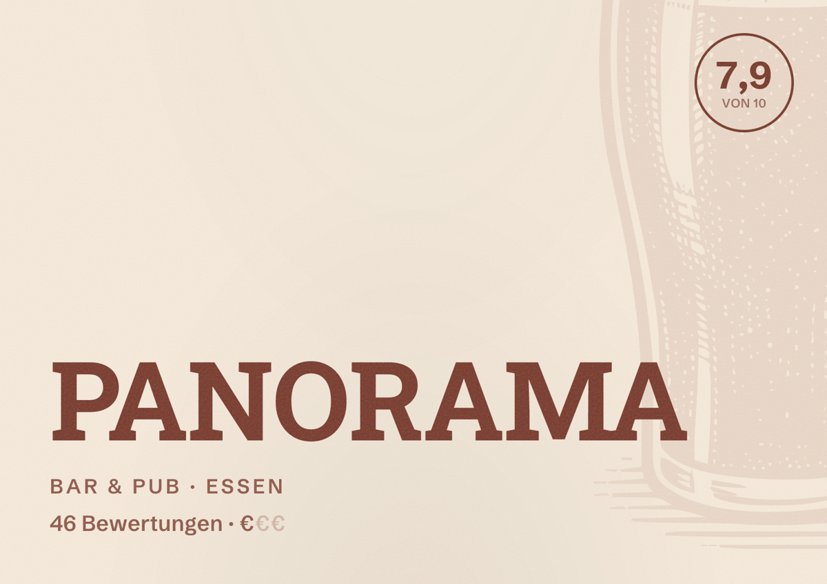 Illustriertes Poster von PANORAMA, Bar & Pub in Essen: Bewertung 7,9 von 10 aus 46 Bewertungen, Preisniveau €