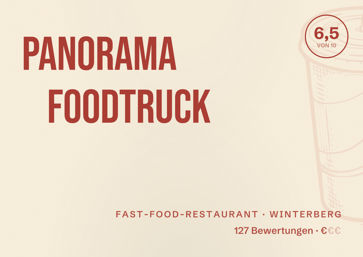 Illustriertes Poster von Panorama Foodtruck, Fast-Food-Restaurant in Winterberg: Bewertung 6,5 von 10 aus 127 Bewertungen, Preisniveau €