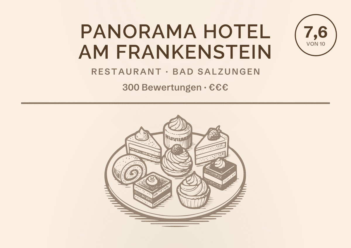 Illustriertes Poster von Panorama Hotel Am Frankenstein, Restaurant in Bad Salzungen: Bewertung 7,6 von 10 aus 300 Bewertungen, Preisniveau €€€