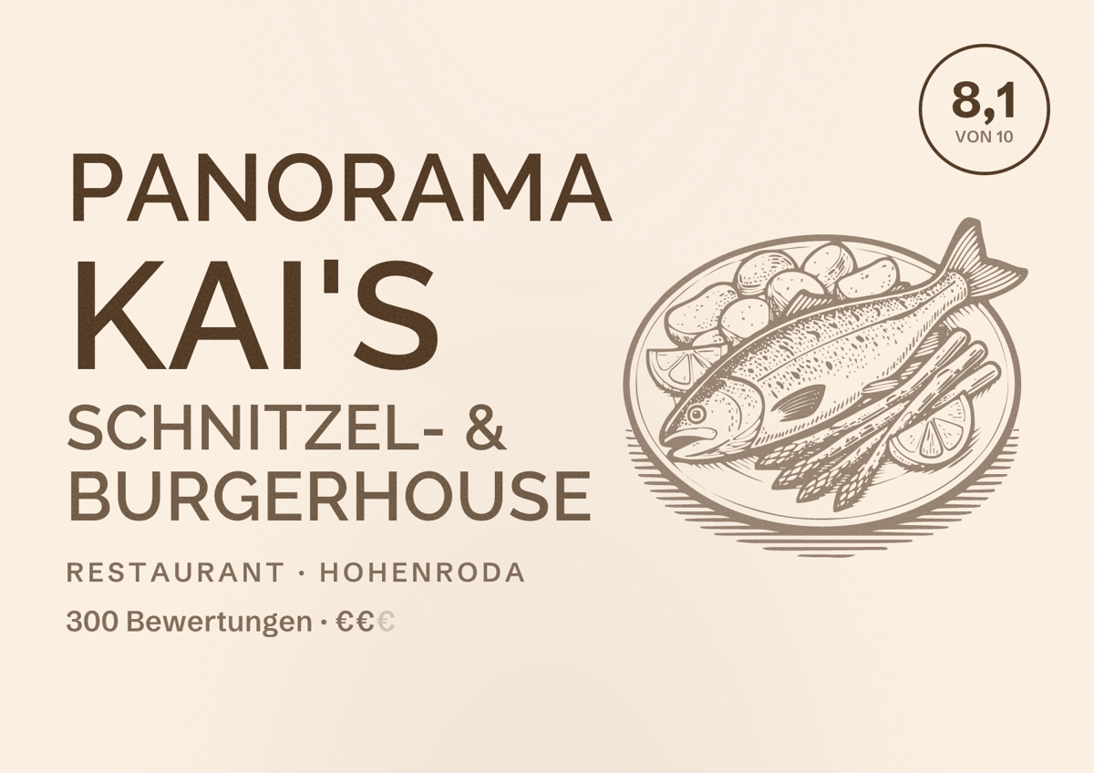 Illustriertes Poster von Panorama Kai's Schnitzel- & Burgerhouse, Restaurant in Hohenroda: Bewertung 8,1 von 10 aus 300 Bewertungen, Preisniveau €€