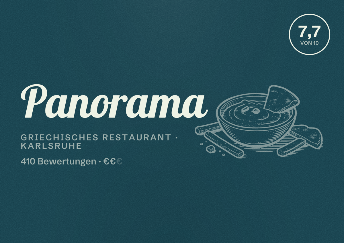 Illustriertes Poster von Panorama, Griechisches Restaurant in Karlsruhe: Bewertung 7,7 von 10 aus 410 Bewertungen, Preisniveau €€