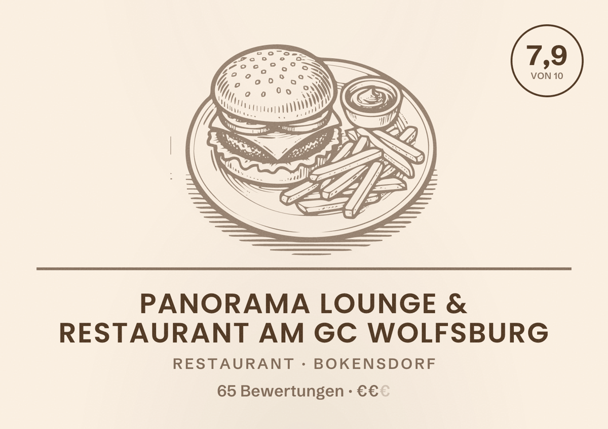 Illustriertes Poster von PANORAMA Lounge & Restaurant am GC Wolfsburg, Restaurant in Bokensdorf: Bewertung 7,9 von 10 aus 65 Bewertungen, Preisniveau €€