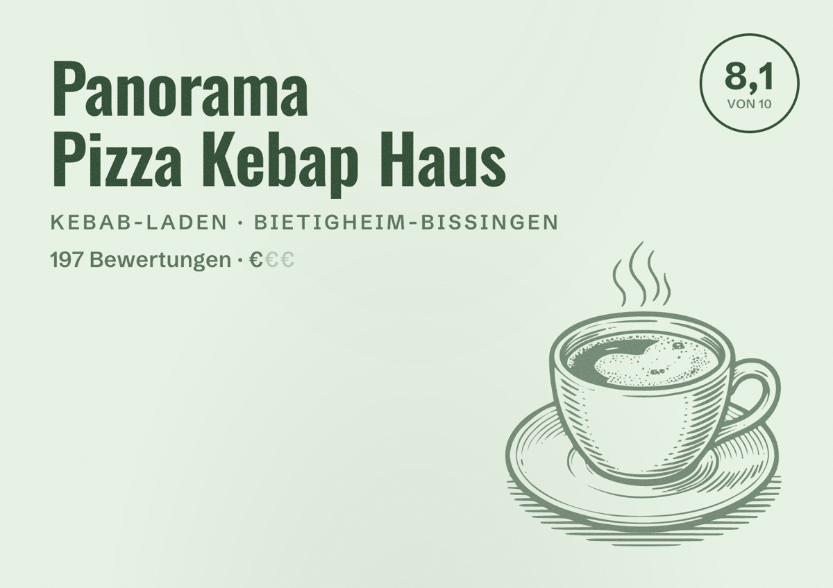 Illustriertes Poster von Panorama Pizza Kebap Haus, Kebab-Laden in Bietigheim-Bissingen: Bewertung 8,1 von 10 aus 197 Bewertungen, Preisniveau €