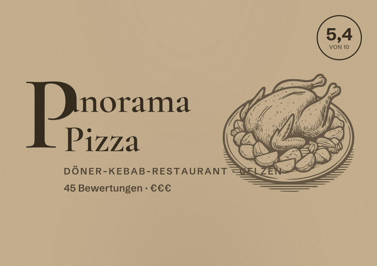 Illustriertes Poster von Panorama Pizza, Döner-Kebab-Restaurant in Uelzen: Bewertung 5,4 von 10 aus 45 Bewertungen, Preisniveau €€€