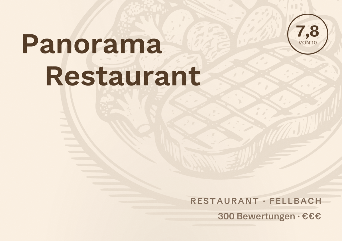 Illustriertes Poster von Panorama Restaurant, Restaurant in Fellbach: Bewertung 7,8 von 10 aus 300 Bewertungen, Preisniveau €€€