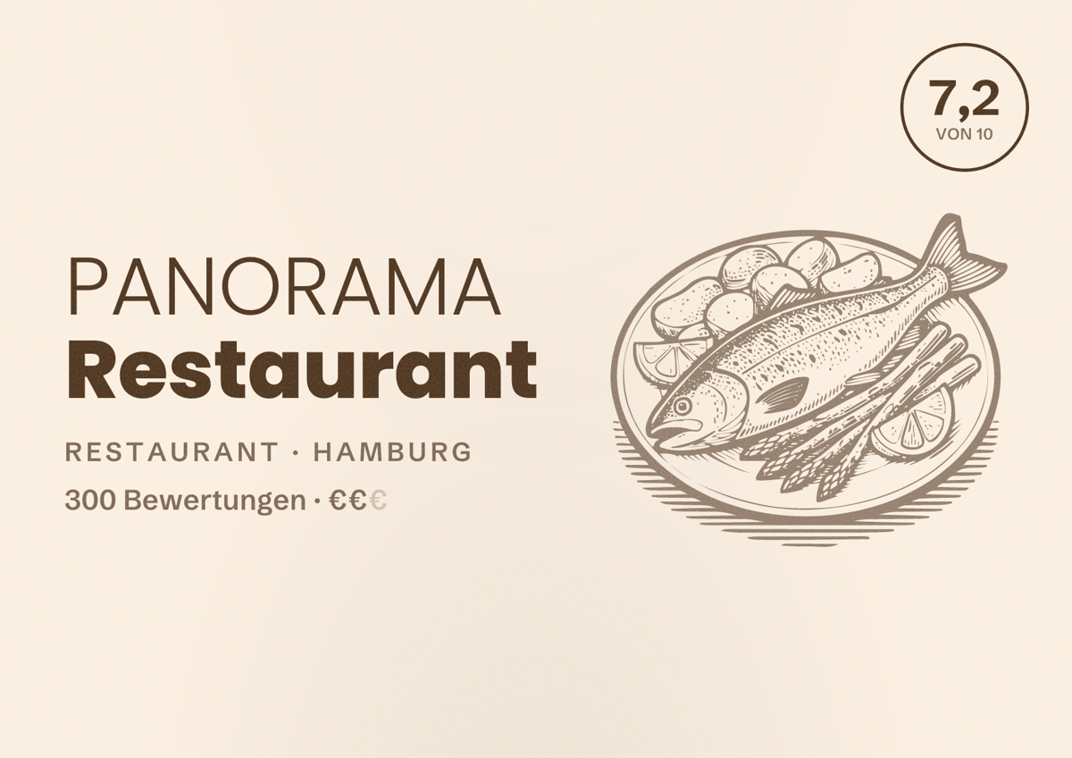 Illustriertes Poster von PANORAMA Restaurant, Restaurant in Hamburg: Bewertung 7,2 von 10 aus 300 Bewertungen, Preisniveau €€