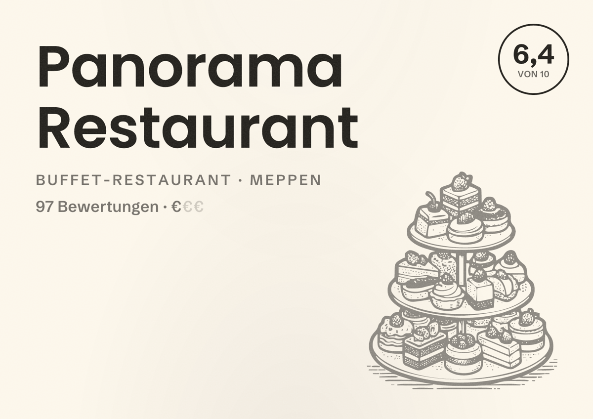 Illustriertes Poster von Panorama Restaurant, Buffet-Restaurant in Meppen: Bewertung 6,4 von 10 aus 97 Bewertungen, Preisniveau €