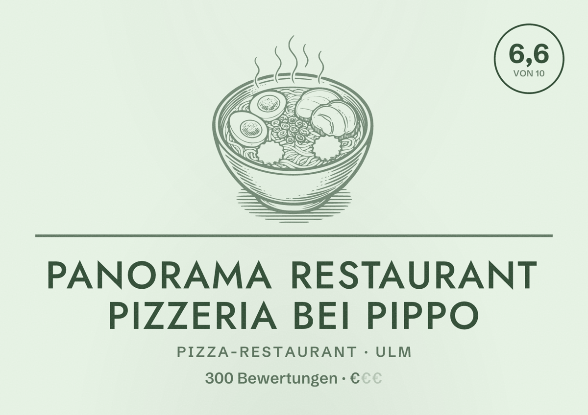 Illustriertes Poster von Panorama Restaurant Pizzeria Bei Pippo, Pizza-Restaurant in Ulm: Bewertung 6,6 von 10 aus 300 Bewertungen, Preisniveau €