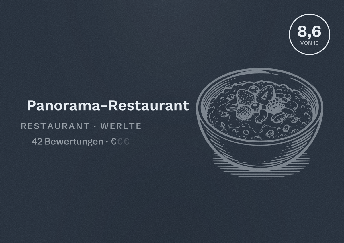 Illustriertes Poster von Panorama-Restaurant, Restaurant in Werlte: Bewertung 8,6 von 10 aus 42 Bewertungen, Preisniveau €