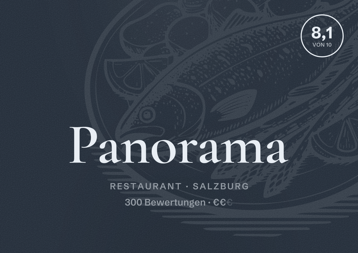 Illustriertes Poster von Panorama, Restaurant in Salzburg: Bewertung 8,1 von 10 aus 300 Bewertungen, Preisniveau €€