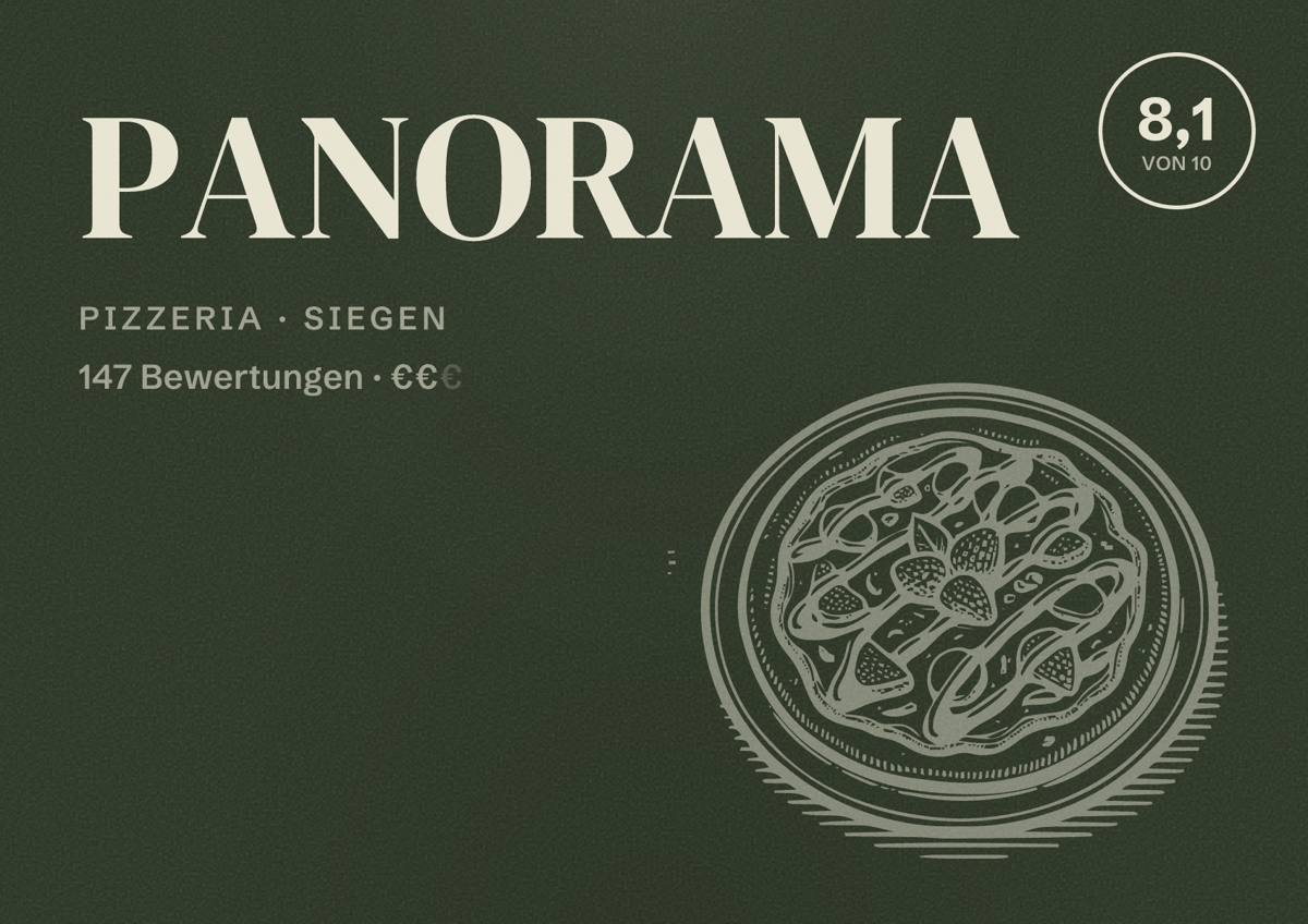 Illustriertes Poster von PANORAMA, Pizzeria in Siegen: Bewertung 8,1 von 10 aus 147 Bewertungen, Preisniveau €€