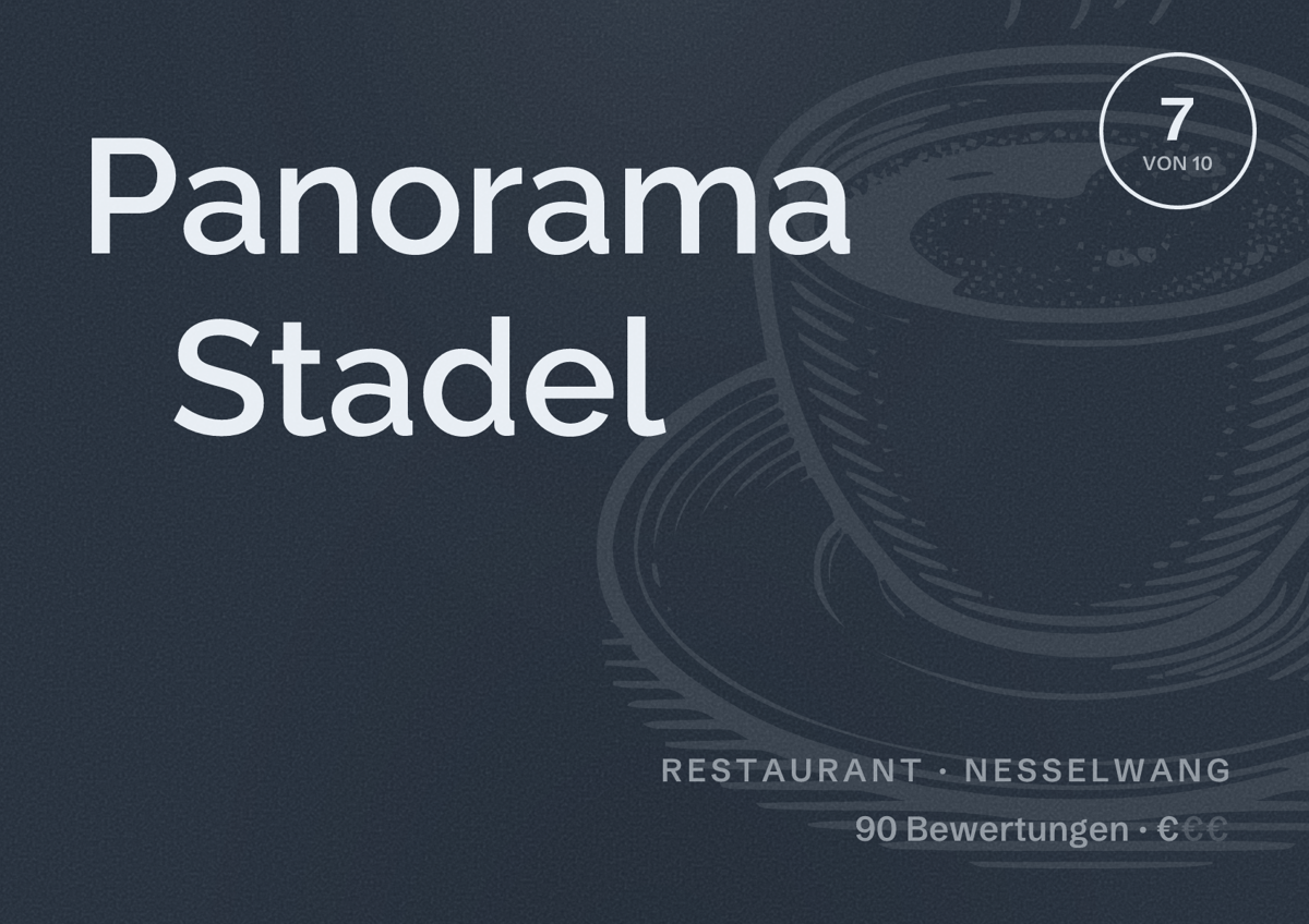 Illustriertes Poster von Panorama Stadel, Restaurant in Nesselwang: Bewertung 7 von 10 aus 90 Bewertungen, Preisniveau €