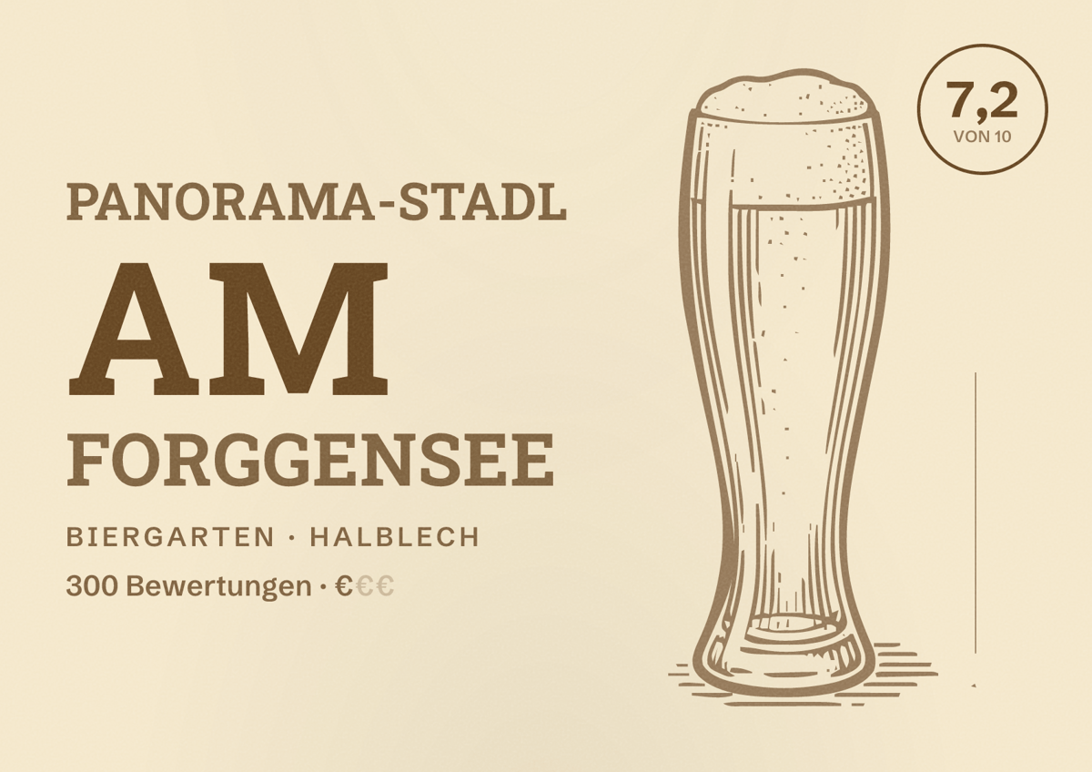 Illustriertes Poster von Panorama-Stadl am Forggensee, Biergarten in Halblech: Bewertung 7,2 von 10 aus 300 Bewertungen, Preisniveau €