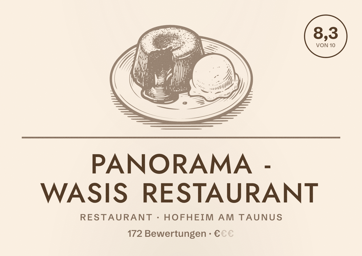 Illustriertes Poster von PANORAMA - Wasis Restaurant, Restaurant in Hofheim am Taunus: Bewertung 8,3 von 10 aus 172 Bewertungen, Preisniveau €