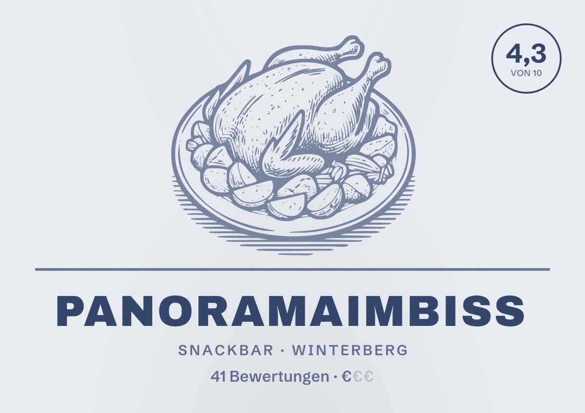 Illustriertes Poster von PanoramaImbiss, Snackbar in Winterberg: Bewertung 4,3 von 10 aus 41 Bewertungen, Preisniveau €