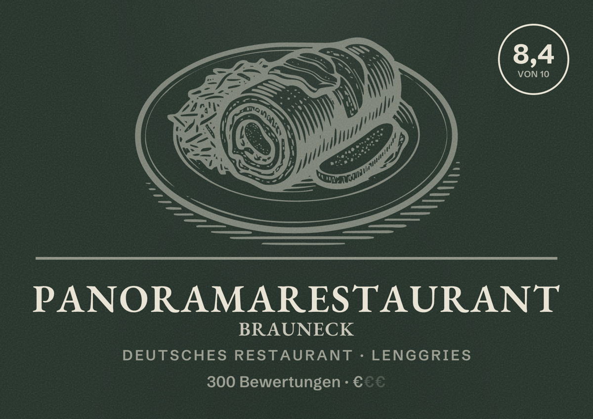 Illustriertes Poster von Panoramarestaurant Brauneck, Deutsches Restaurant in Lenggries: Bewertung 8,4 von 10 aus 300 Bewertungen, Preisniveau €